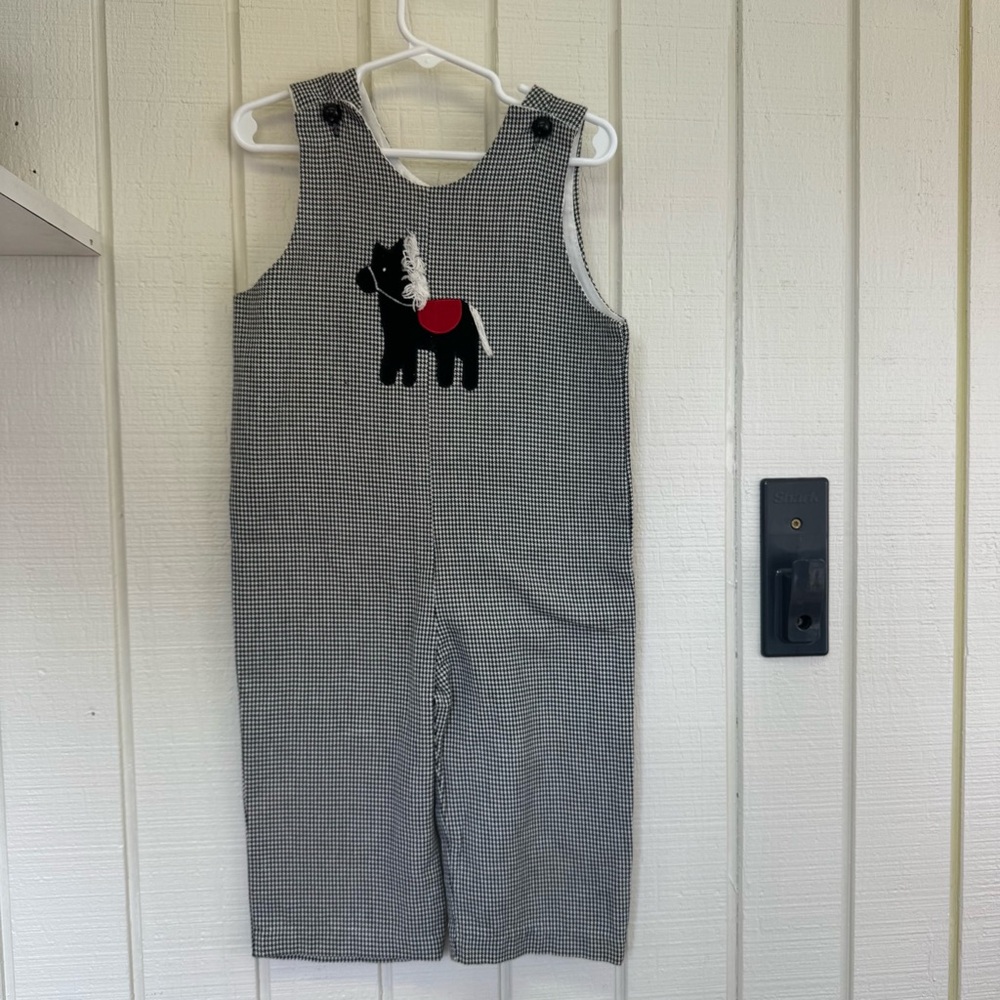 Funtasia Too! Long JonJon Houndstooth Overalls, horse appliqué embroidery black